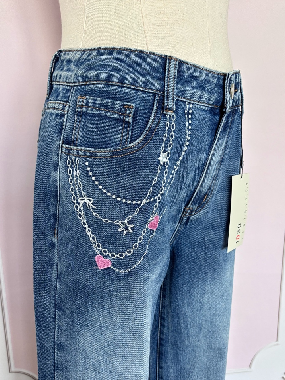 1030 TenThirty Mid Rise Relaxed Baggy Wide Leg Embroidered Blue Jeans--NWT--27 - Picture 2 of 16